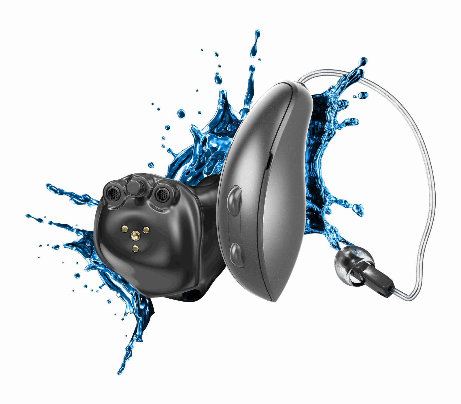 Dois aparelhos auditivos com respingos de água ao fundo, destacando sua resistência e qualidade.