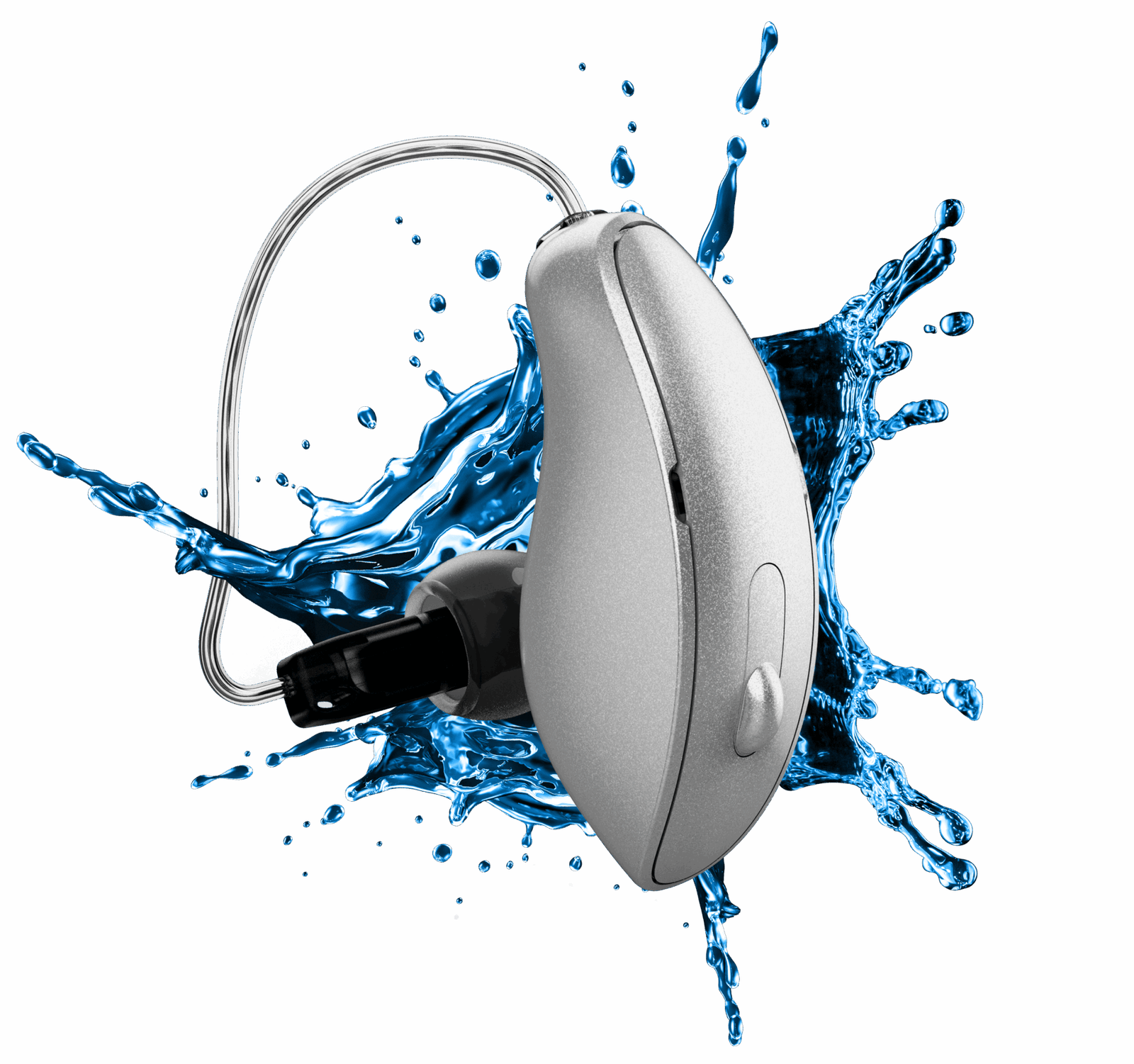Aparelho auditivo prateado com respingos de água ao fundo, ilustrando resistência e durabilidade.
