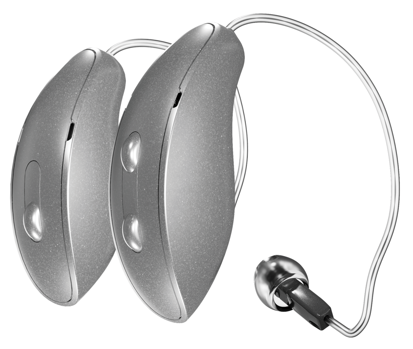 Dois aparelhos auditivos em close-up, representando as tecnologias avançadas oferecidas pelo Instituto do Ouvido para melhorar a audição.