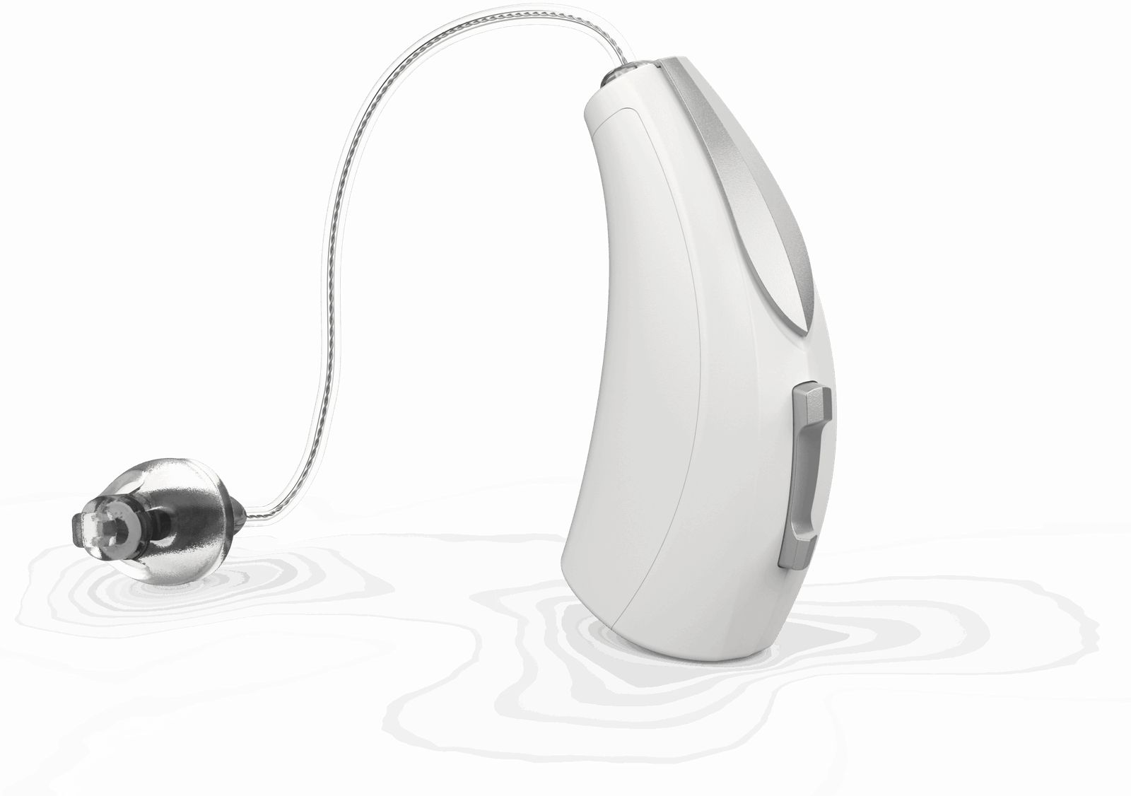 Aparelho auditivo branco, destacando as opções de dispositivos avançados oferecidas pelo Instituto do Ouvido.