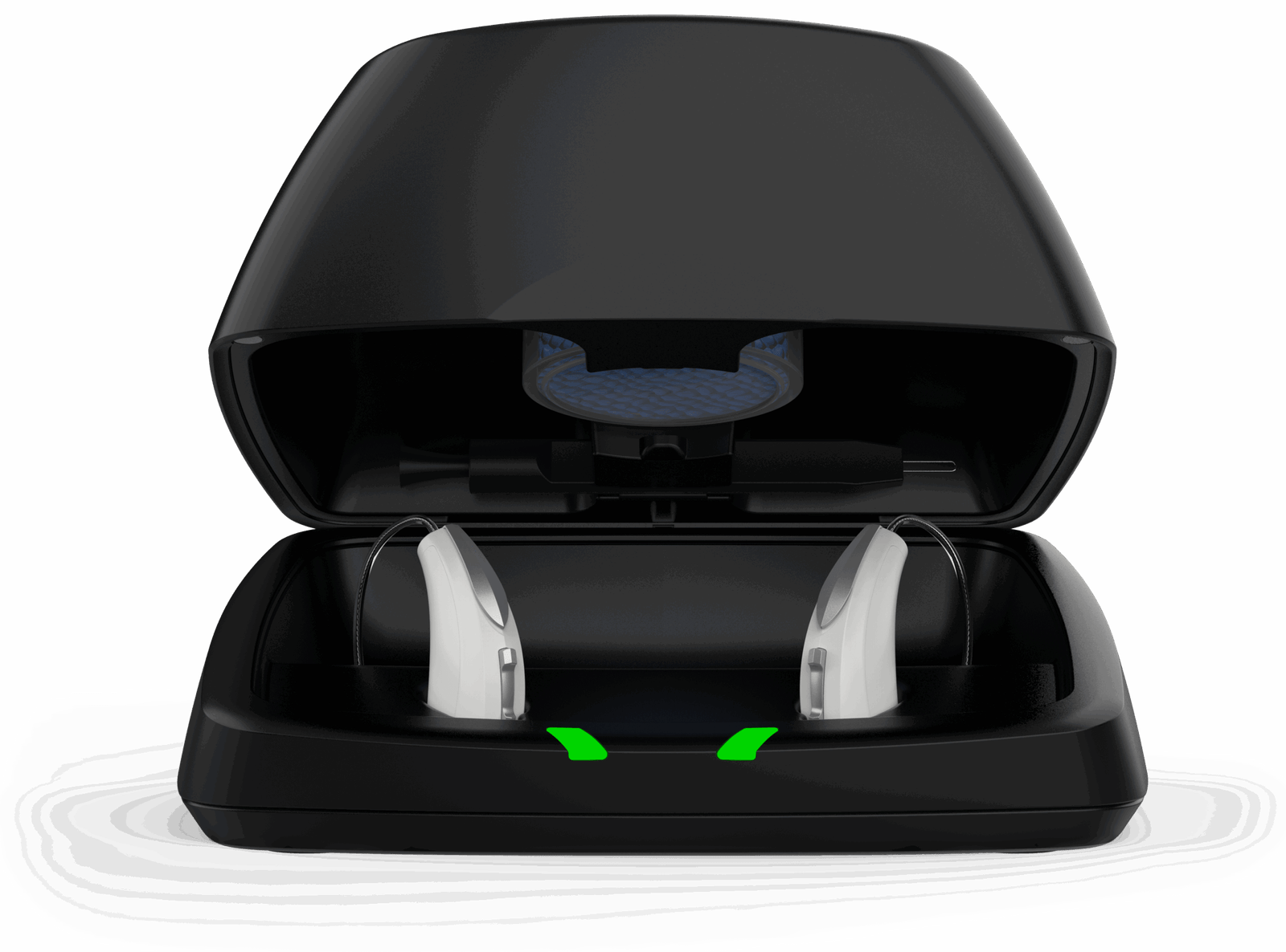 Estojo de carregamento com dois aparelhos auditivos, mostrando as soluções de cuidado auditivo avançado do Instituto do Ouvido.