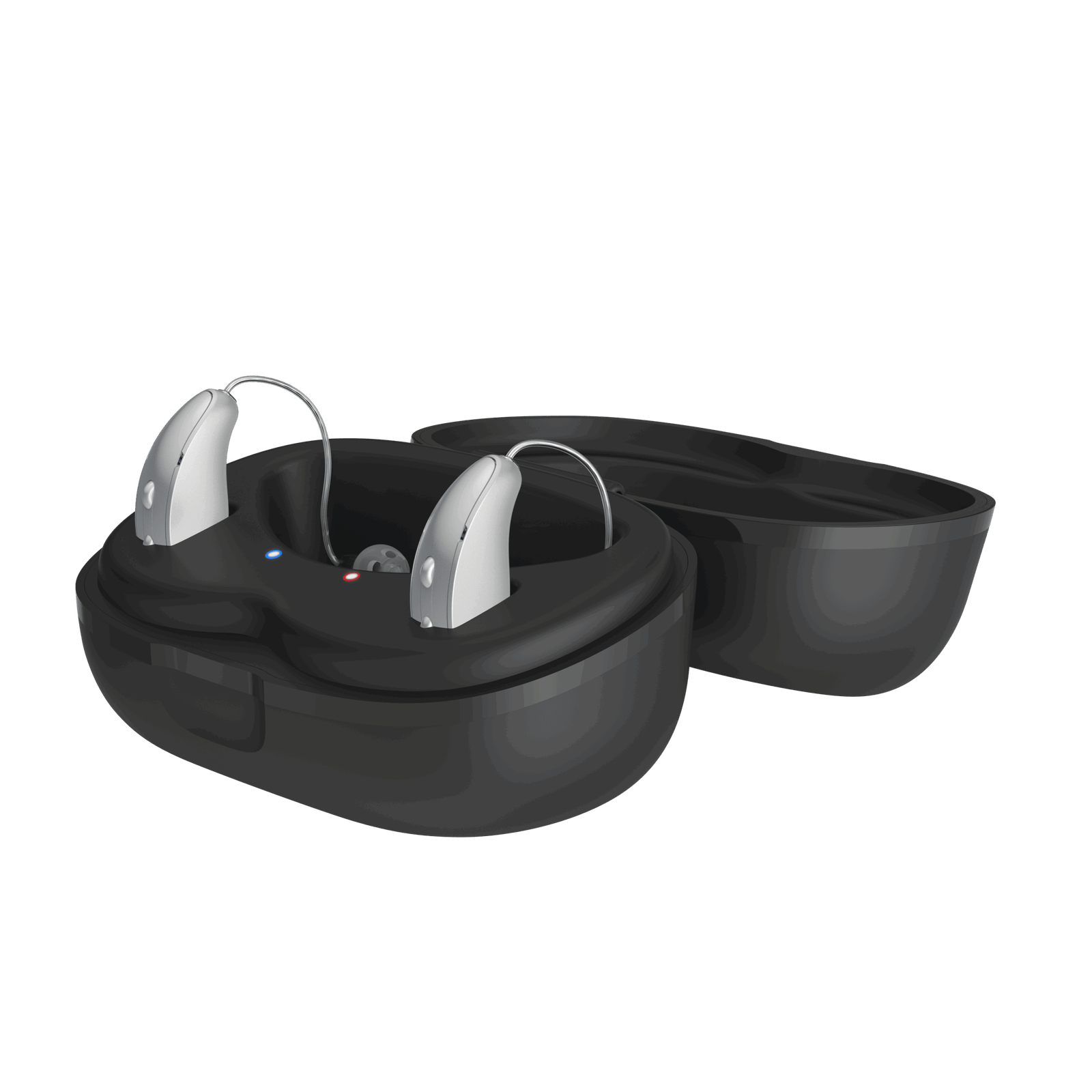 Aparelho auditivo com seu estojo de carregamento, exemplificando a tecnologia em cuidados auditivos do Instituto do Ouvido