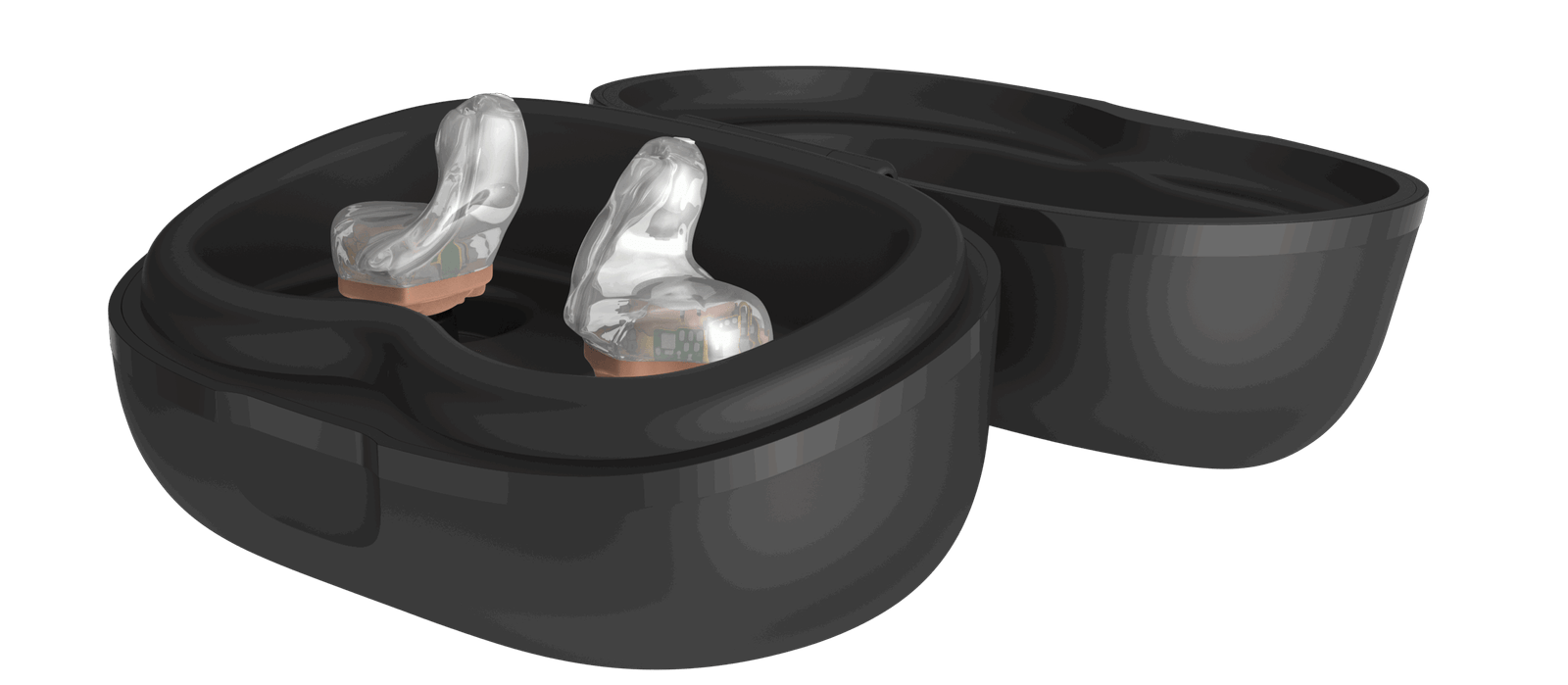 Estojo de carregamento com dois aparelhos auditivos transparentes, simbolizando as soluções avançadas e discretas do Instituto do Ouvido.