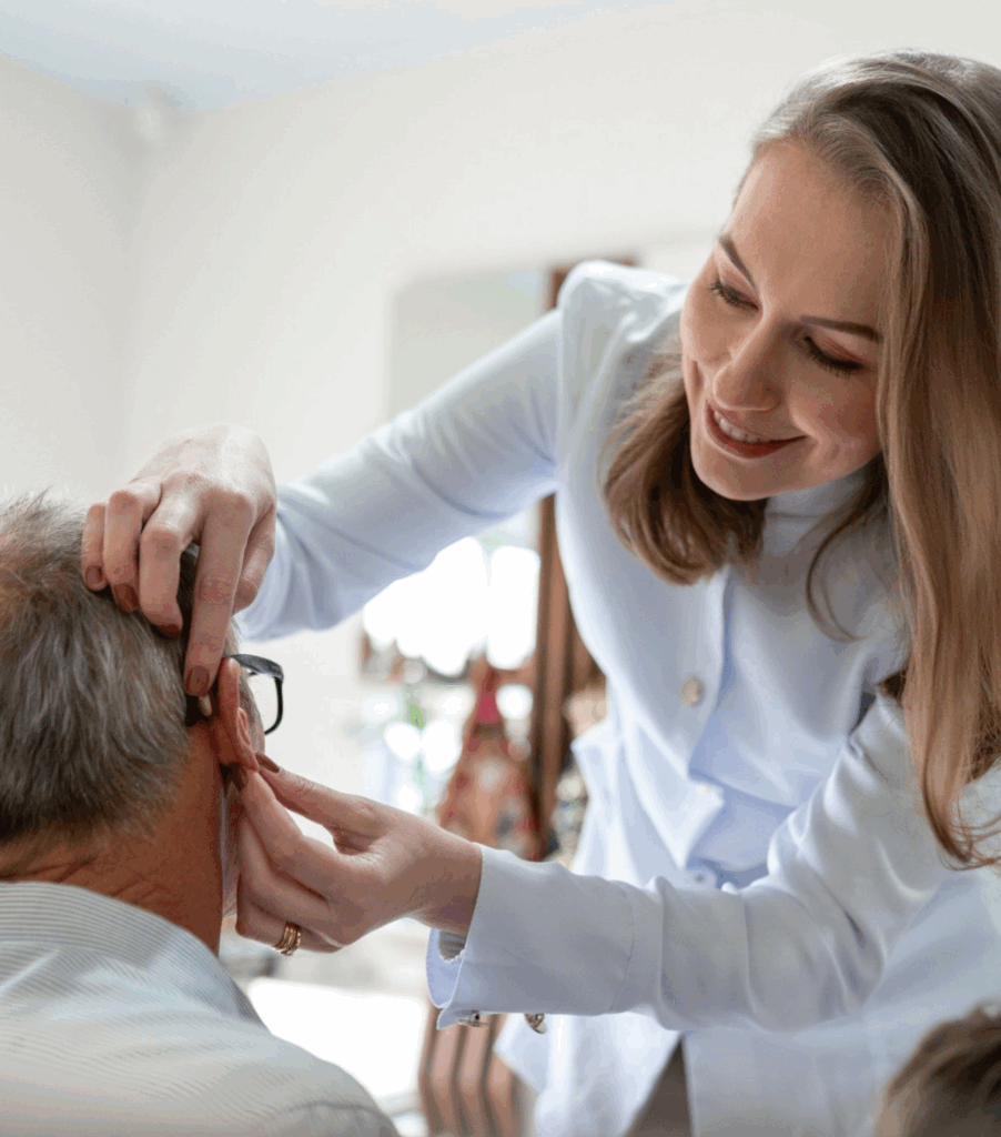 Profissional do Instituto do Ouvido ajustando um aparelho auditivo em um paciente idoso, demonstrando o cuidado e a atenção no processo de adaptação.